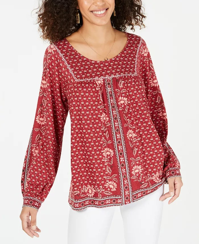 Estilo &amp; Co Top feminino relaxado com estampa floral, manga comprida, gola redonda, estilo camponês, vermelho, tamanho X-S