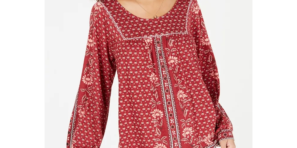 Estilo &amp; Co Top feminino relaxado com estampa floral, manga comprida, gola redonda, estilo camponês, vermelho, tamanho X-S