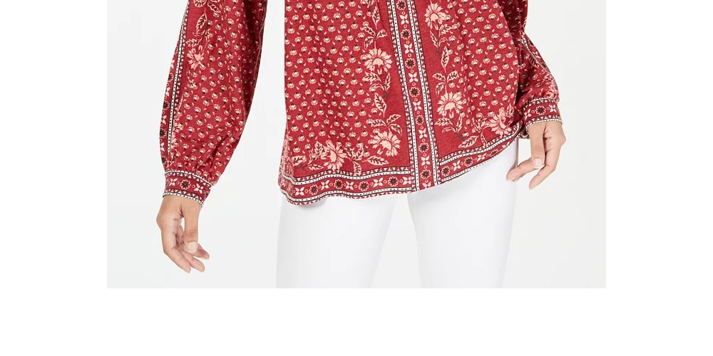 Estilo &amp; Co Top feminino relaxado com estampa floral, manga comprida, gola redonda, estilo camponês, vermelho, tamanho X-S