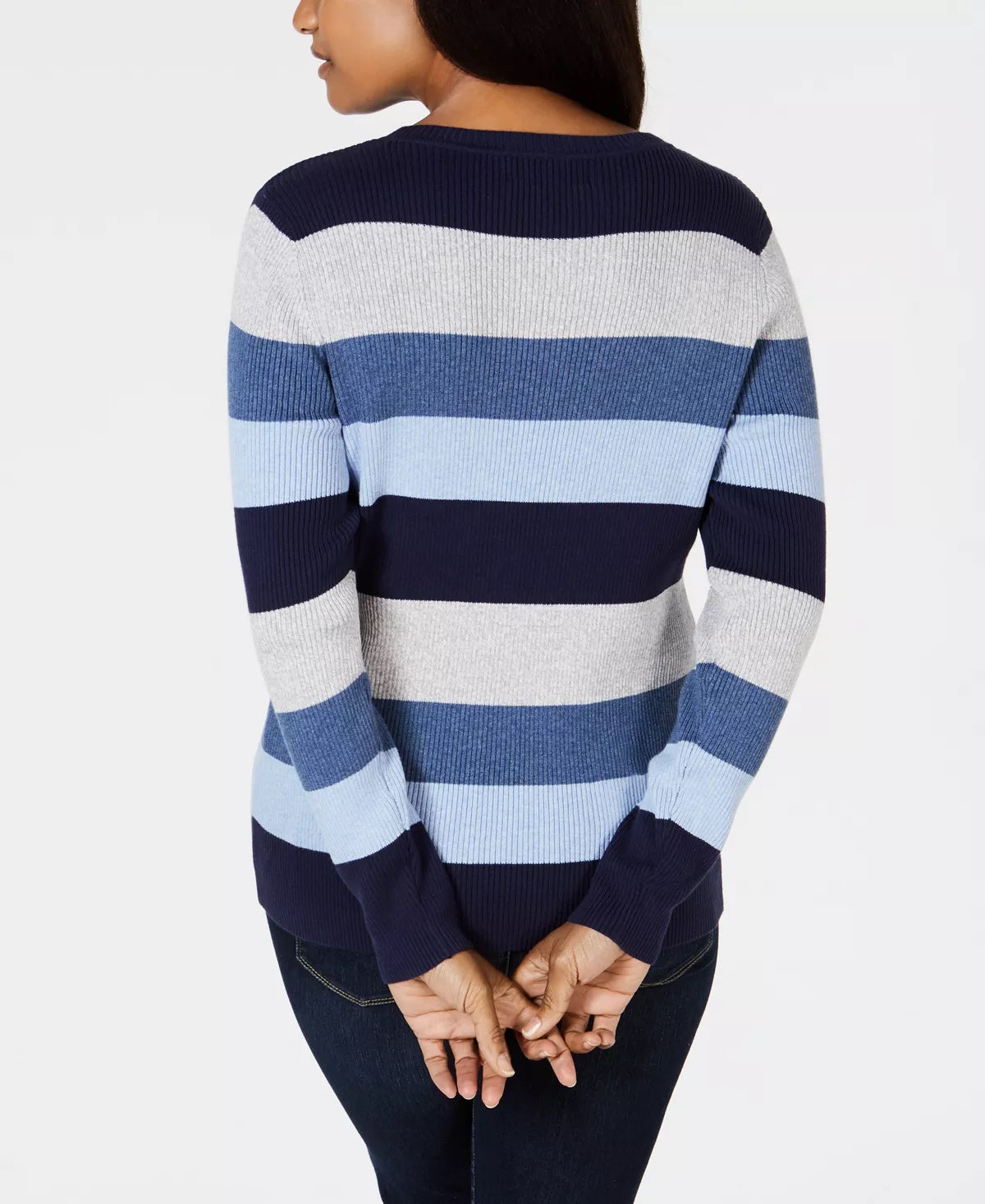 Karen Scott Suéter Feminino Listrado Pequeno de Algodão em Malha Canelada Branco Vários Tamanhos P/S