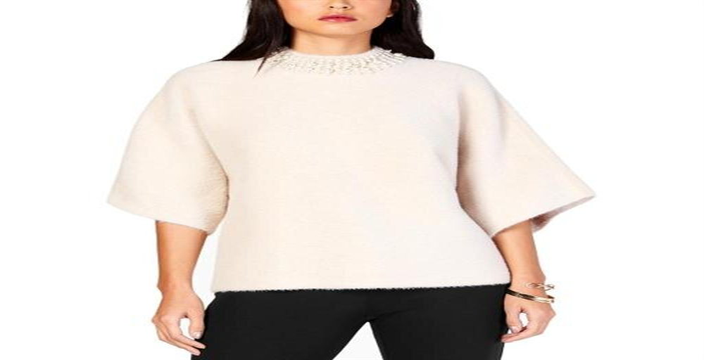 Suéter feminino Alfani com gola embelezada, branco, tamanho G