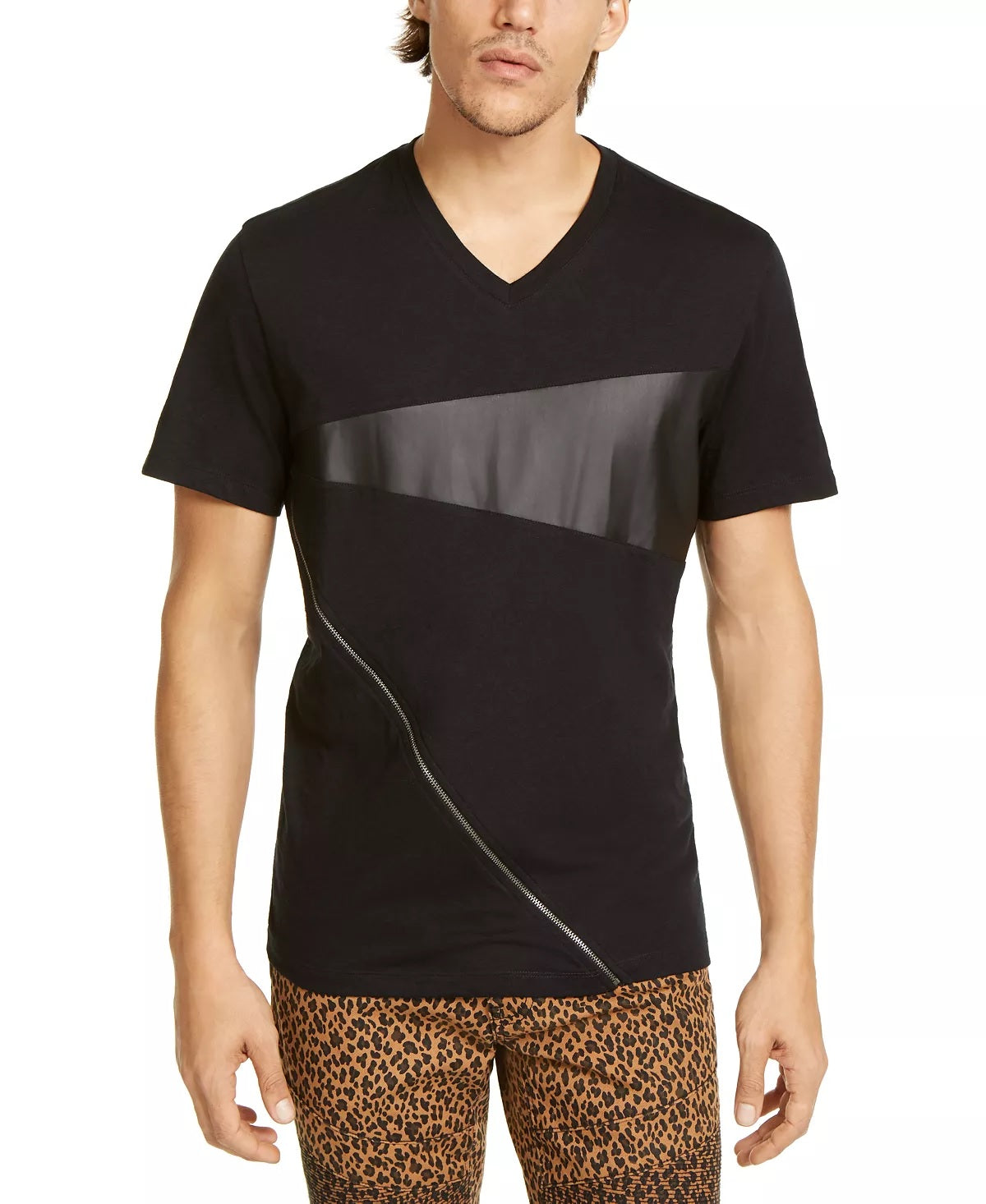 Camisetas masculinas INC International Concepts com zíper frontal, couro sintético, gola V, pretas, tamanho 48