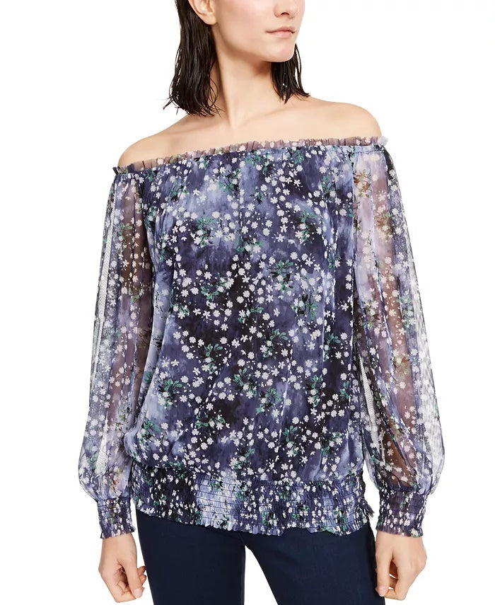 INC International Concepts Blusa feminina ombro a ombro franzida azul tamanho pequeno