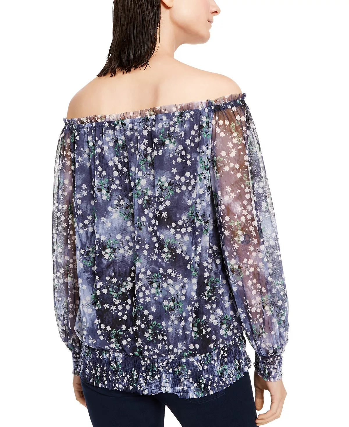 INC International Concepts Blusa feminina ombro a ombro franzida azul tamanho pequeno