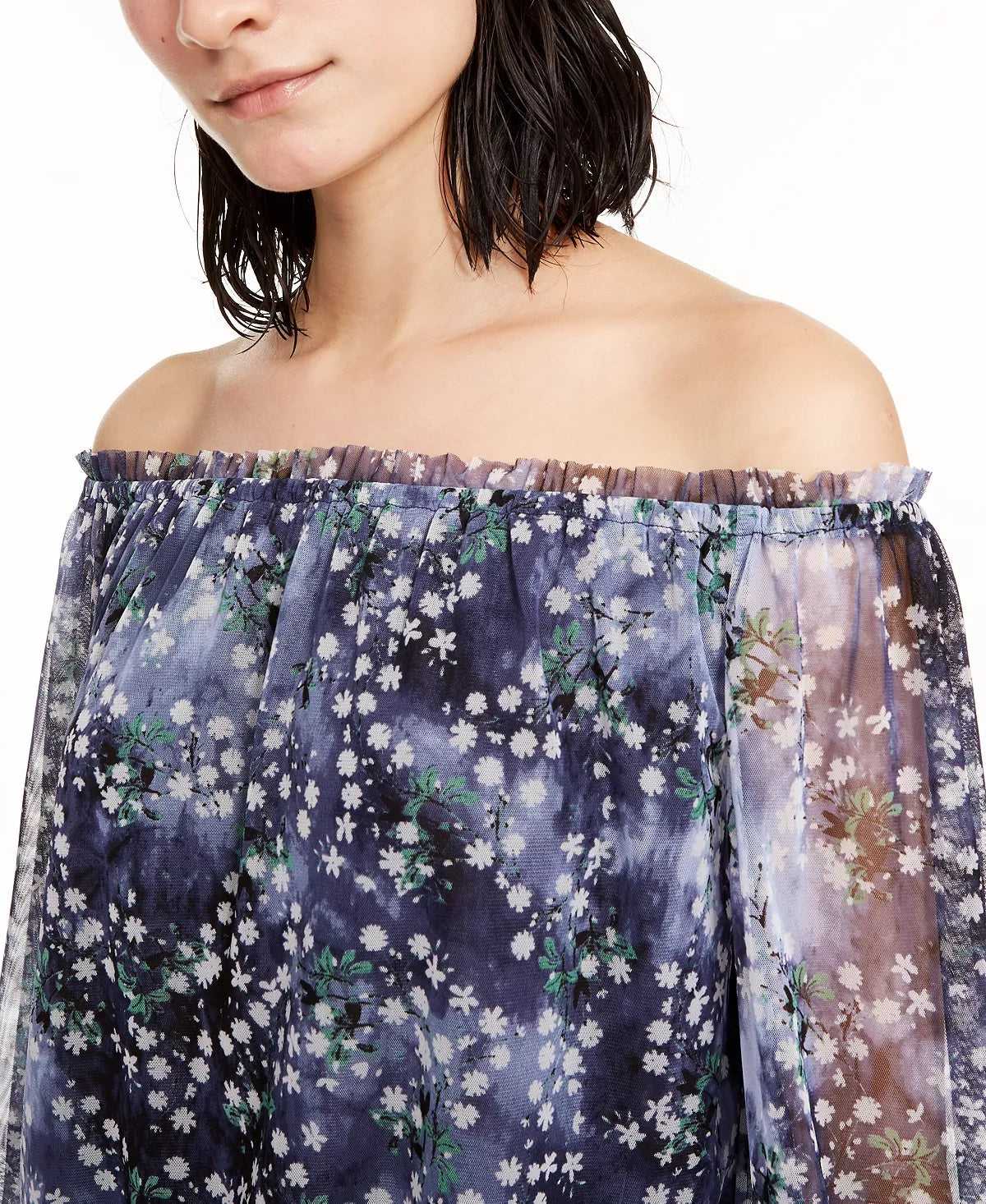 INC International Concepts Blusa feminina ombro a ombro franzida azul tamanho pequeno