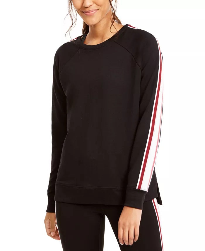 Blusa feminina listrada de manga comprida e gola redonda, tamanho grande, preta