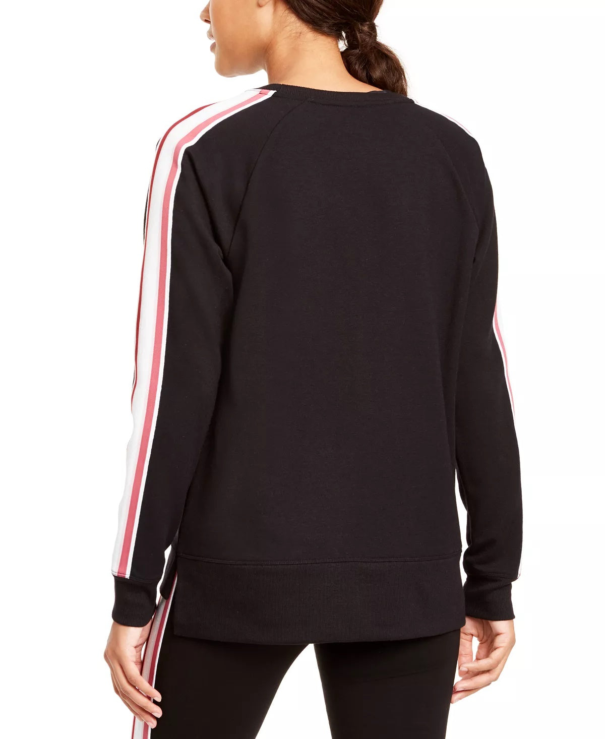 Blusa feminina listrada de manga comprida e gola redonda, tamanho grande, preta