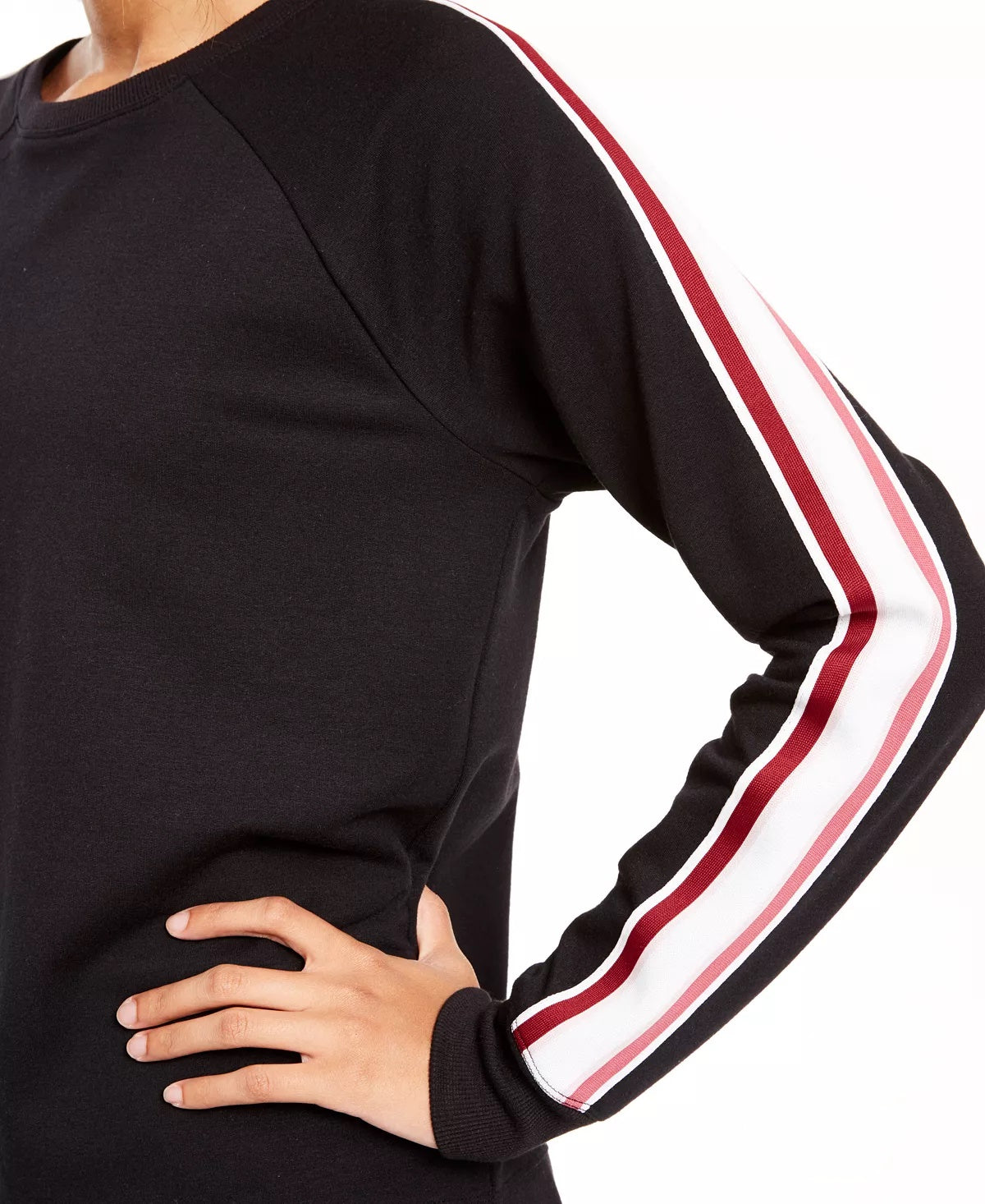 Blusa feminina listrada de manga comprida e gola redonda, tamanho grande, preta