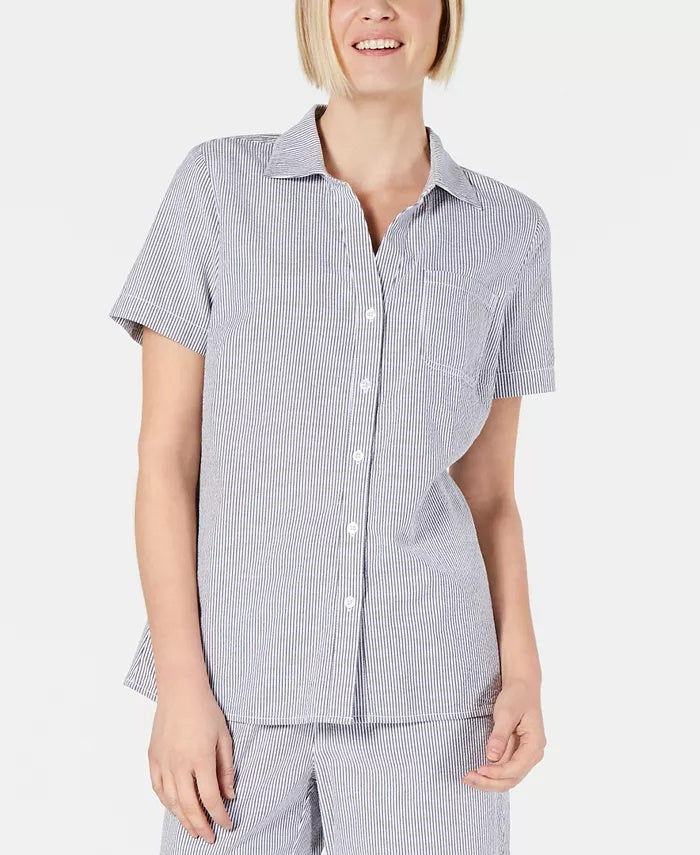 Camisa feminina Karen Scott de algodão seersucker, azul, tamanho grande