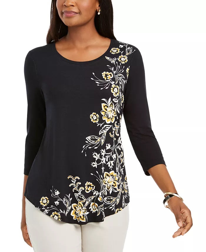JM Collection Blusa feminina com decote redondo e estampa floral, tamanho XS, dourada