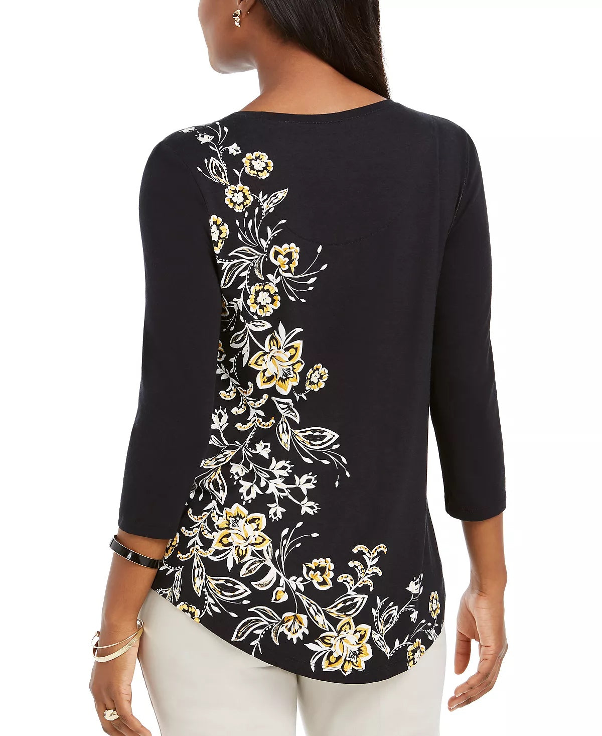 JM Collection Blusa feminina com decote redondo e estampa floral, tamanho XS, dourada