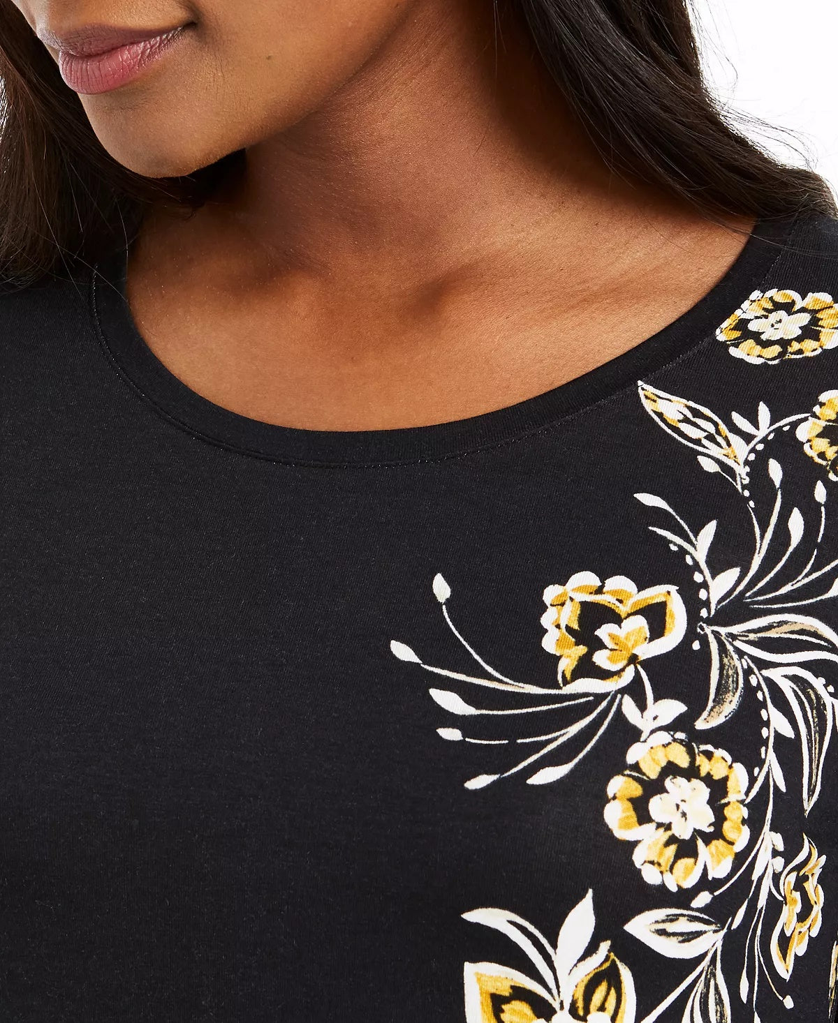 JM Collection Blusa feminina com decote redondo e estampa floral, tamanho XS, dourada