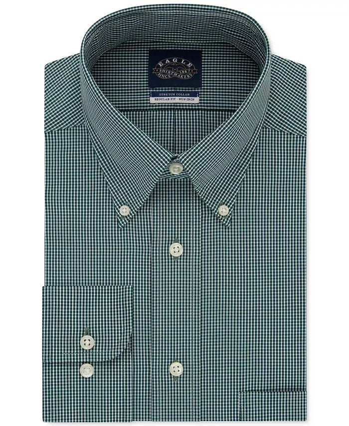 Camisa social xadrez Eagle masculina clássica/regular, sem passar a ferro, com gola flexível, verde, tamanho 15x32-33