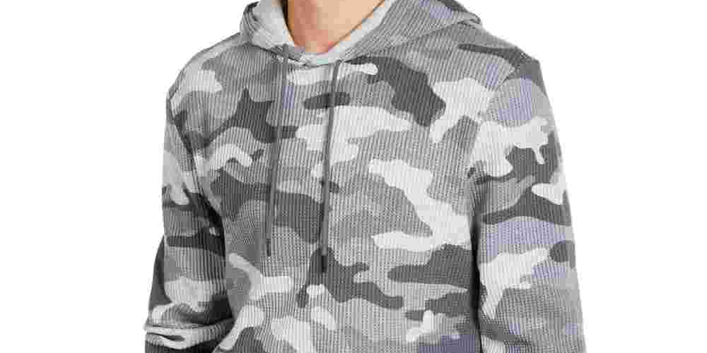 Suéter camuflado masculino Sun + Stone, manga comprida, gola redonda, cordão, cinza, tamanho pequeno