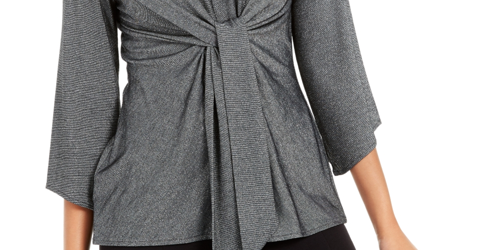 Blusa feminina Alfani com amarração frontal metálica, cinza, tamanho grande