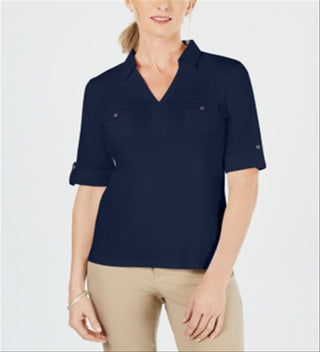 Karen Scott Blusa Feminina de Algodão com Gola Johnny Azul Tamanho P