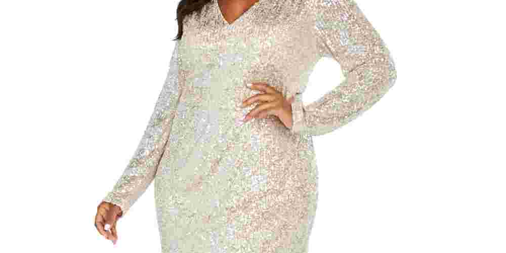 Vestido Calvin Klein Plus Size Feminino Drapeado com Paetês Dourado Tamanho 22W