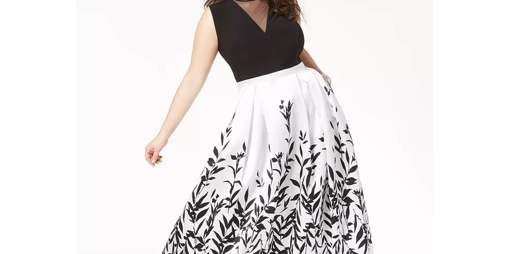 Vestido longo estampado plus size da Morgan &amp; Co para mulheres, preto e branco, tamanho 22W