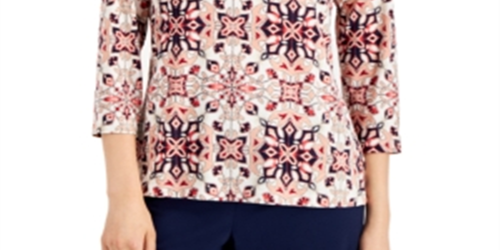 JM Collection Top feminino com estampa geométrica e decote redondo, rosa, tamanho extragrande