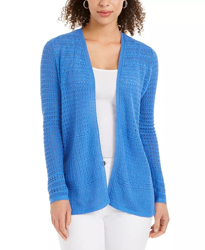 Cardigan feminino Charter Club com frente aberta e estampa Pointelle, azul, tamanho médio