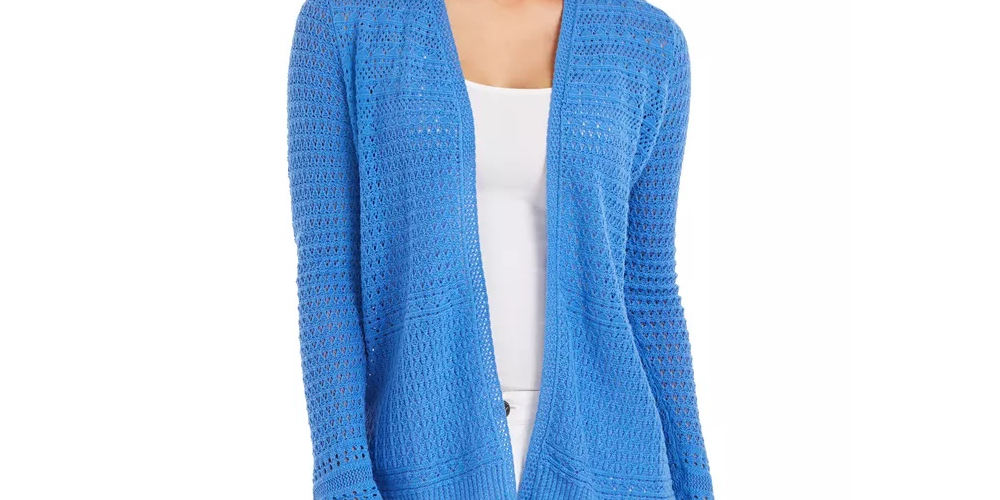 Cardigan feminino Charter Club com frente aberta e estampa Pointelle, azul, tamanho médio