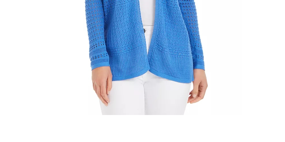Cardigan feminino Charter Club com frente aberta e estampa Pointelle, azul, tamanho médio