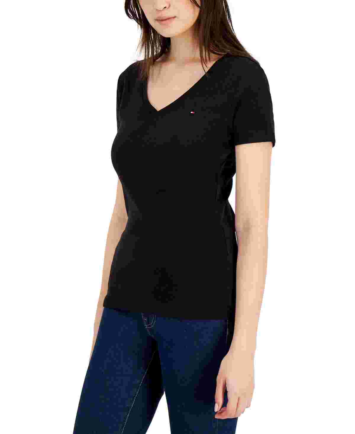 Camiseta feminina Tommy Hilfiger com decote em V, preta, tamanho médio