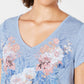 Camiseta feminina floral de manga curta e gola V estilo &amp; co, azul, tamanho médio