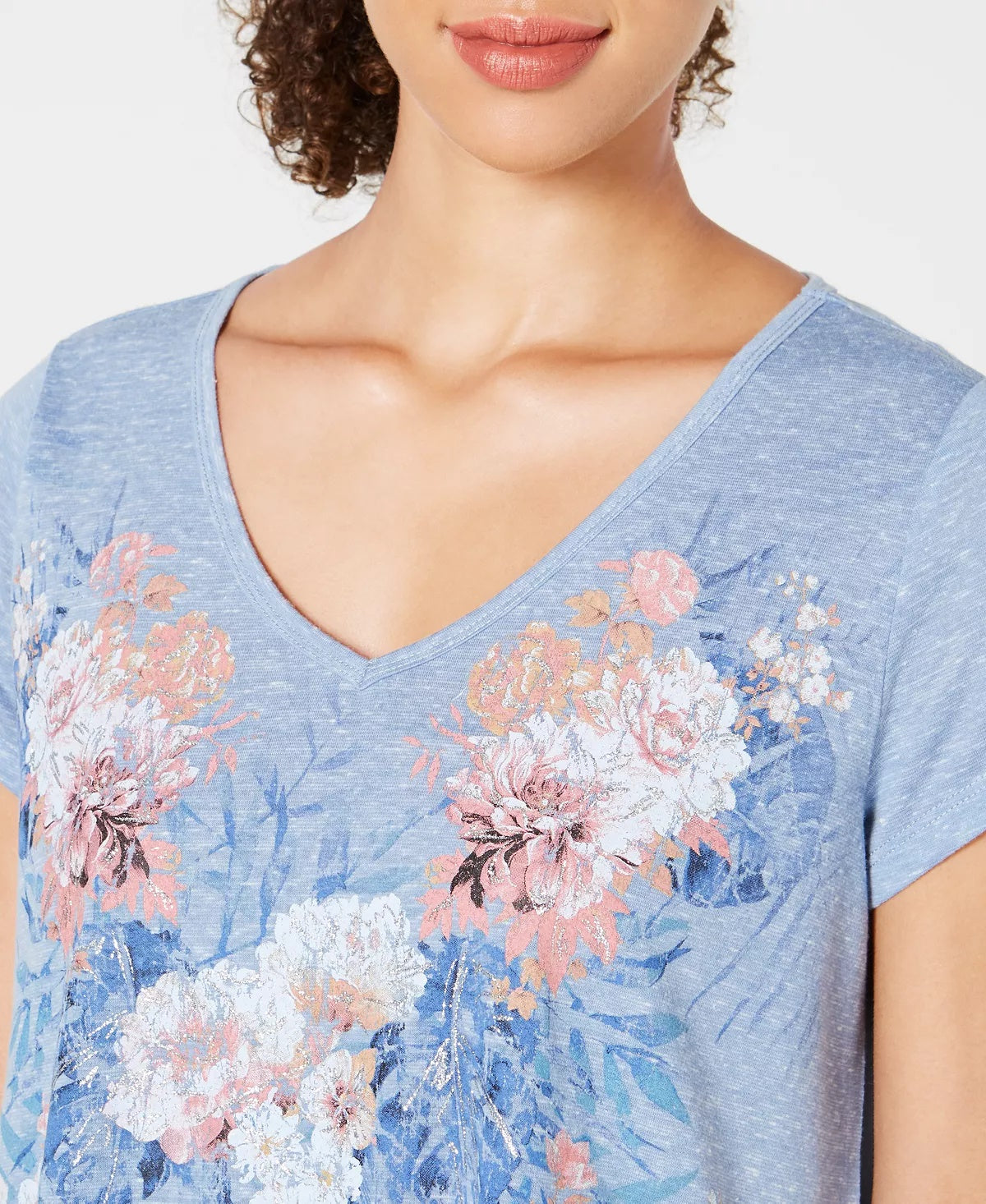 Camiseta feminina floral de manga curta e gola V estilo &amp; co, azul, tamanho médio