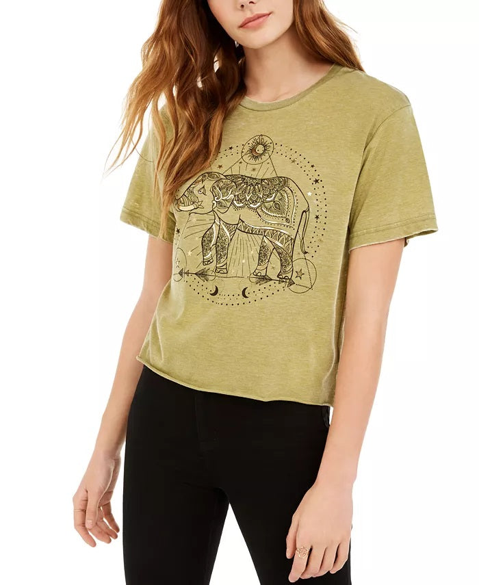 Camiseta cropped metálica com estampa de elefante infantil Rebellious One, verde, tamanho pequeno