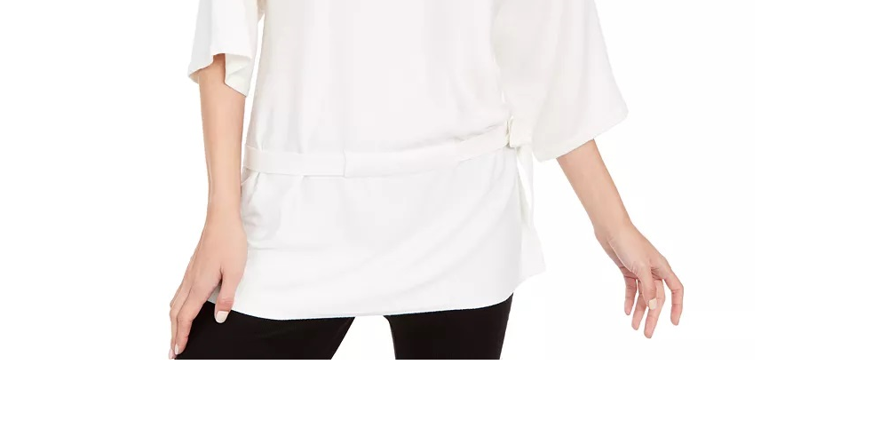 Alfani Suéter Feminino com Cintura Amarrada e Manga 3/4, Branco, Tamanho Médio