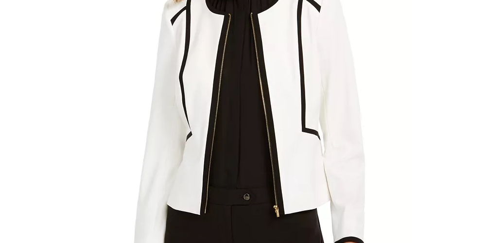 Jaqueta Calvin Klein Feminina com Zíper Frontal e Canelado, Branca e Preta, Tamanho 10