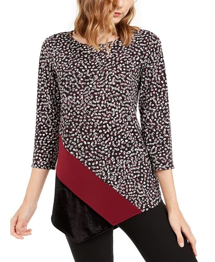 Blusa assimétrica estampada e de veludo Alfani feminina, preta, tamanho médio