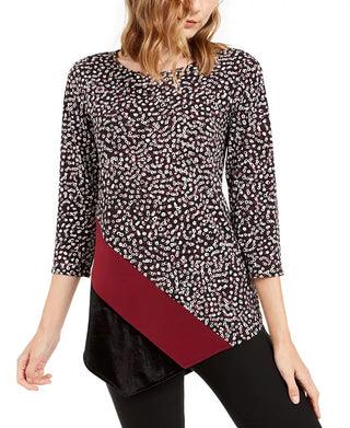 Blusa assimétrica estampada e de veludo Alfani feminina, preta, tamanho médio