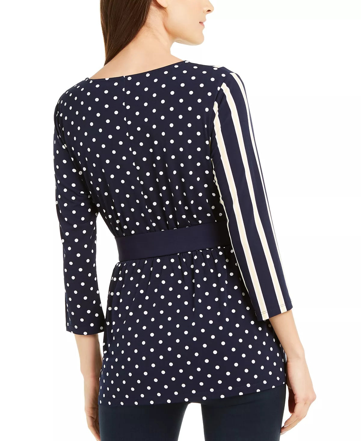 Blusa feminina Alfani com cinto e estampa mista, tamanho azul marinho, pequena e pequena