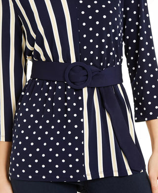 Blusa feminina Alfani com cinto e estampa mista, tamanho azul marinho, pequena e pequena