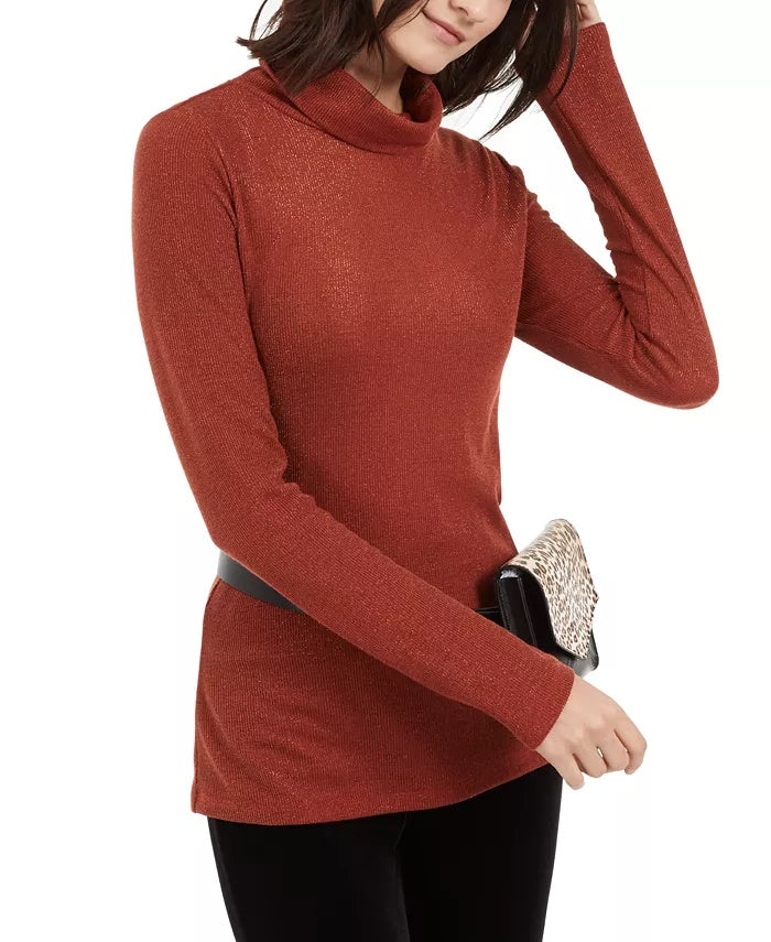 Suéter feminino de gola alta em malha metálica INC International Concepts, tamanho pequeno, vermelho