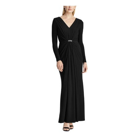 Vestido de noite longo com strass e decote em V, manga comprida, estilo flare, Ralph Lauren, preto, tamanho 12