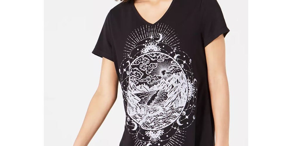 Camiseta feminina com estampa gráfica e bainha em lenço, tamanho XX-G, preta, estilo &amp; Co