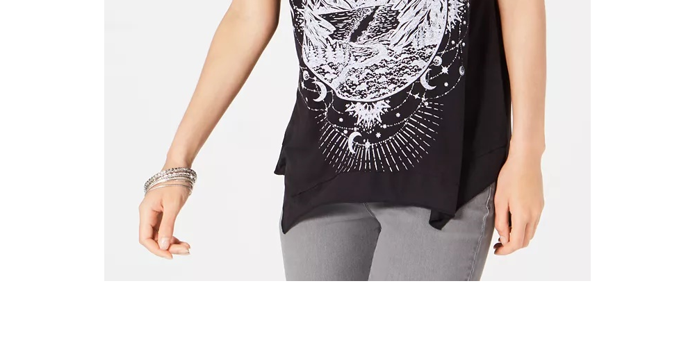 Camiseta feminina com estampa gráfica e bainha em lenço, tamanho XX-G, preta, estilo &amp; Co