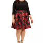 Vestido de festa feminino Jessica Howard com zíper floral, manga 3/4, decote joia, acima do joelho, ajuste flare, preto, tamanho 14W