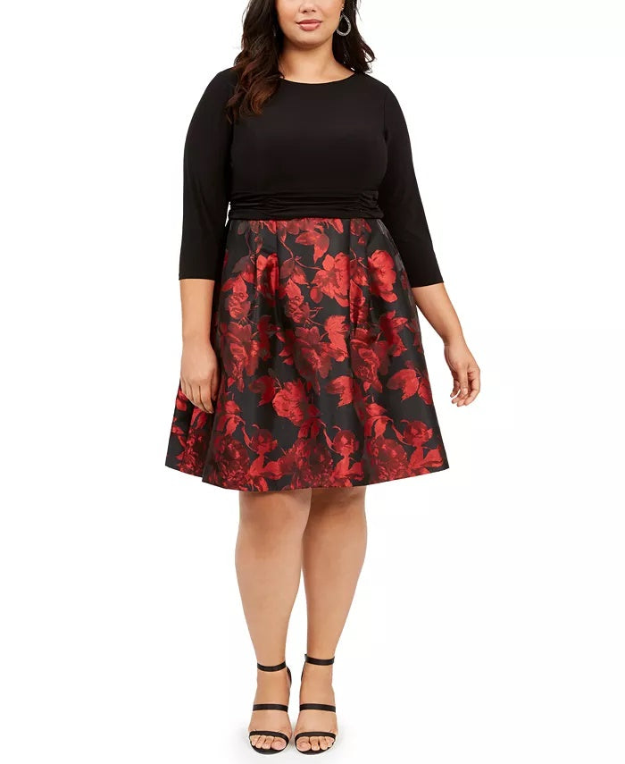 Vestido de festa feminino Jessica Howard com zíper floral, manga 3/4, decote joia, acima do joelho, ajuste flare, preto, tamanho 14W