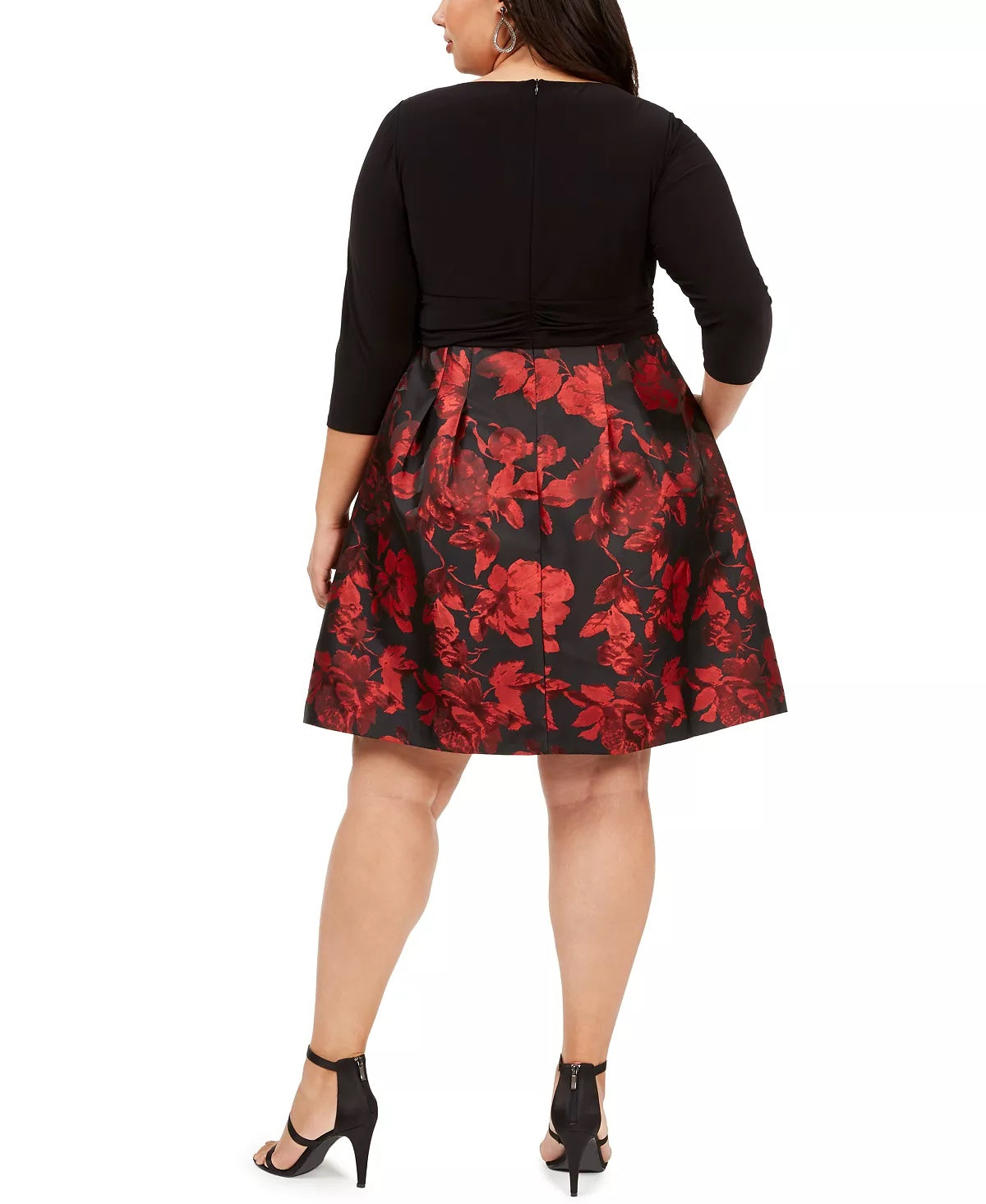 Vestido de festa feminino Jessica Howard com zíper floral, manga 3/4, decote joia, acima do joelho, ajuste flare, preto, tamanho 14W