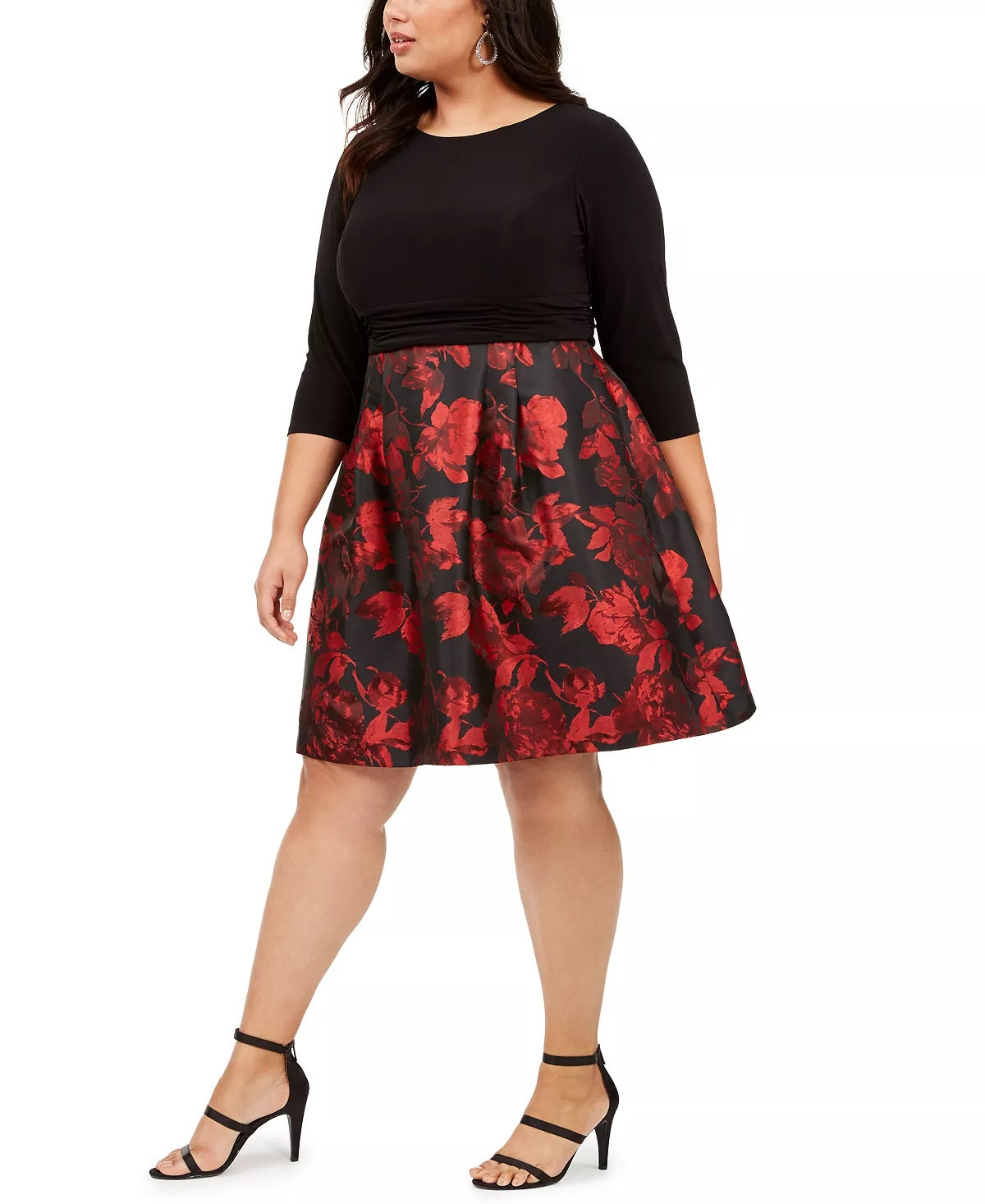 Vestido de festa feminino Jessica Howard com zíper floral, manga 3/4, decote joia, acima do joelho, ajuste flare, preto, tamanho 14W