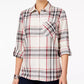Camisa xadrez feminina de algodão com mangas curtas Style &amp; Co, bege e vermelha, tamanho pequeno G