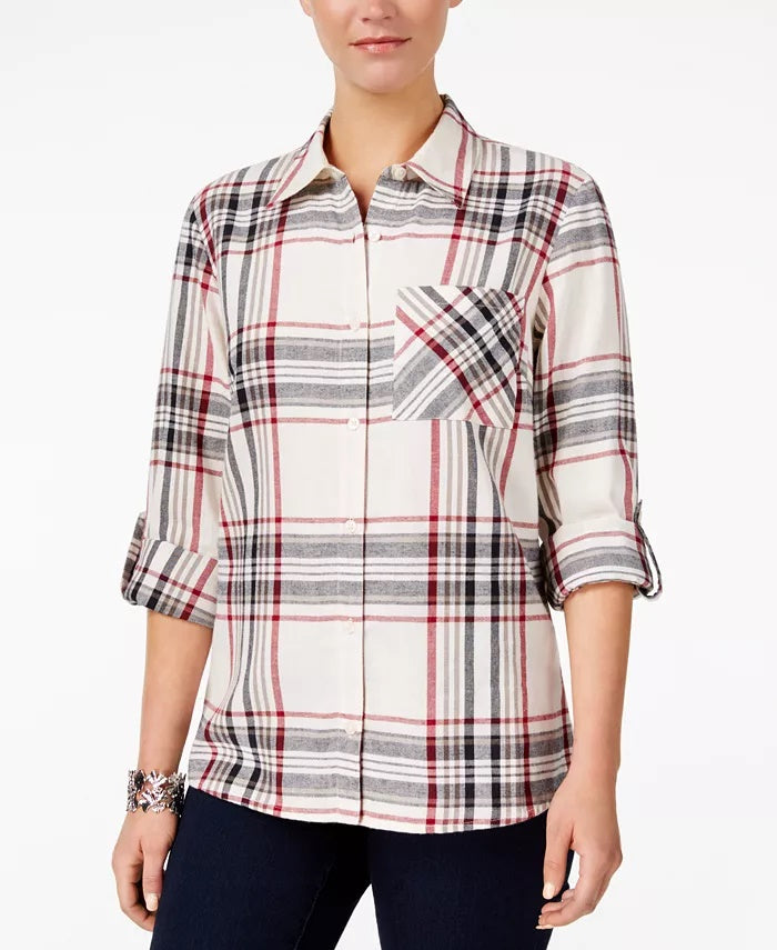 Camisa xadrez feminina de algodão com mangas curtas Style &amp; Co, bege e vermelha, tamanho pequeno G