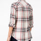 Camisa xadrez feminina de algodão com mangas curtas Style &amp; Co, bege e vermelha, tamanho pequeno G