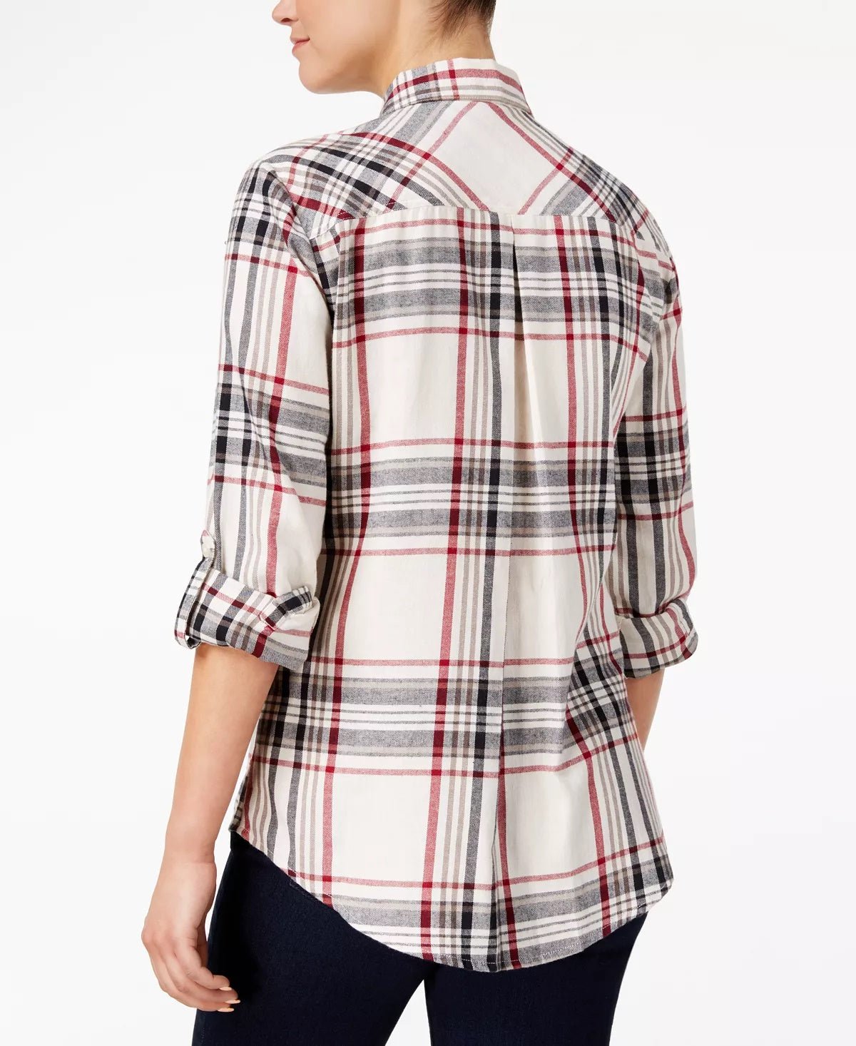 Camisa xadrez feminina de algodão com mangas curtas Style &amp; Co, bege e vermelha, tamanho pequeno G