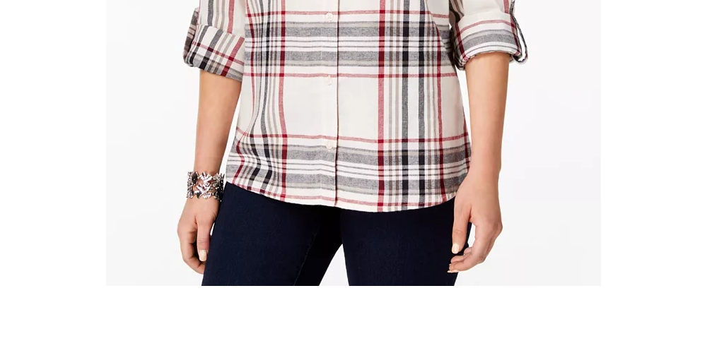 Camisa xadrez feminina de algodão com mangas curtas Style &amp; Co, bege e vermelha, tamanho pequeno G