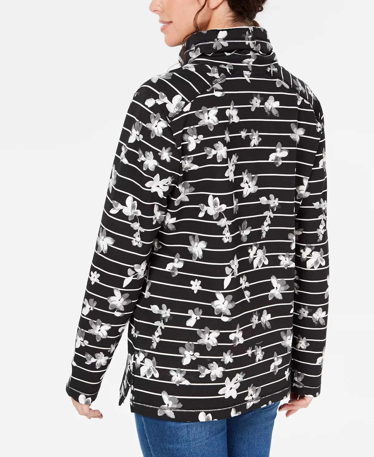 Karen Scott Top esportivo feminino estampado com decote funil, preto, tamanho XX-G